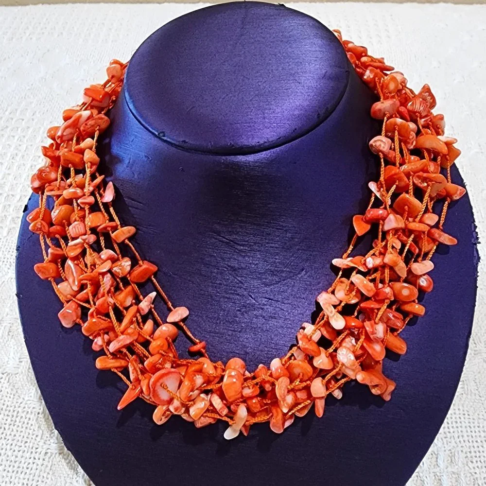 Artisan Mid-Century MCM Orange Coral Abalone Shell 10-Strand Statement Necklace